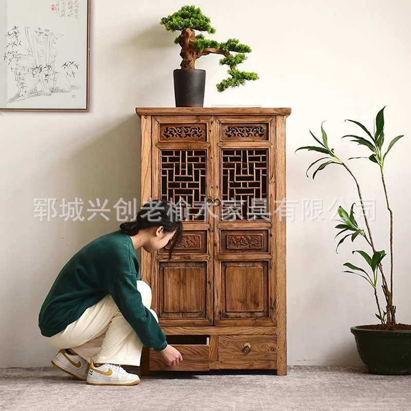 实木餐边柜复古储物柜老榆木收纳柜民宿酒店家用边柜展示柜