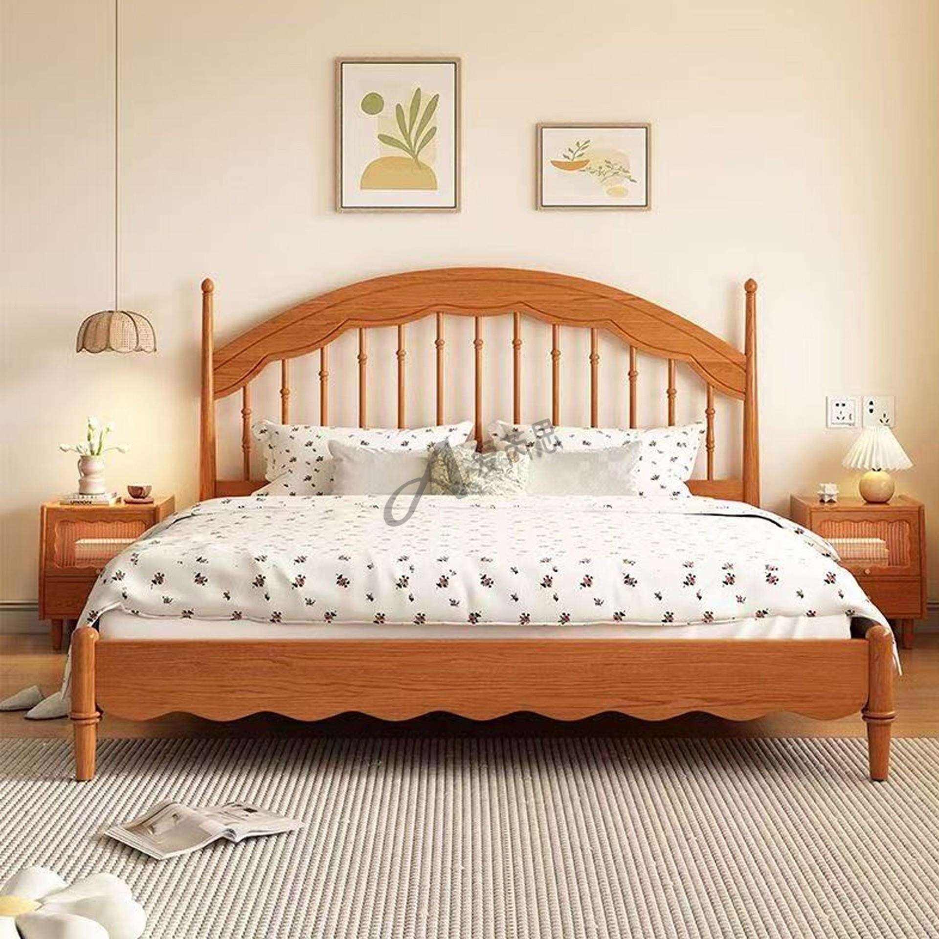 法式中古风温莎床复古竖琴床1米8双人大床主卧全实木床日式原木风