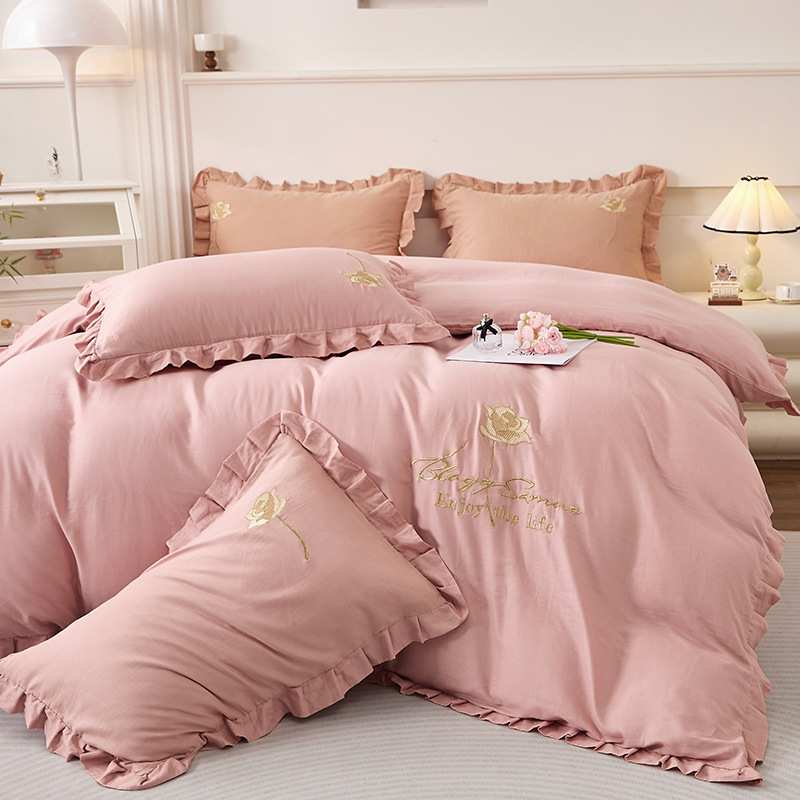 2025全棉双层纱花边纯色绣花四件套