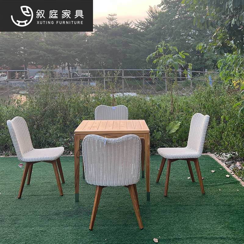 户外实木餐桌椅原木风阳台小茶几柚木圆桌长桌靠背简约藤编餐椅子