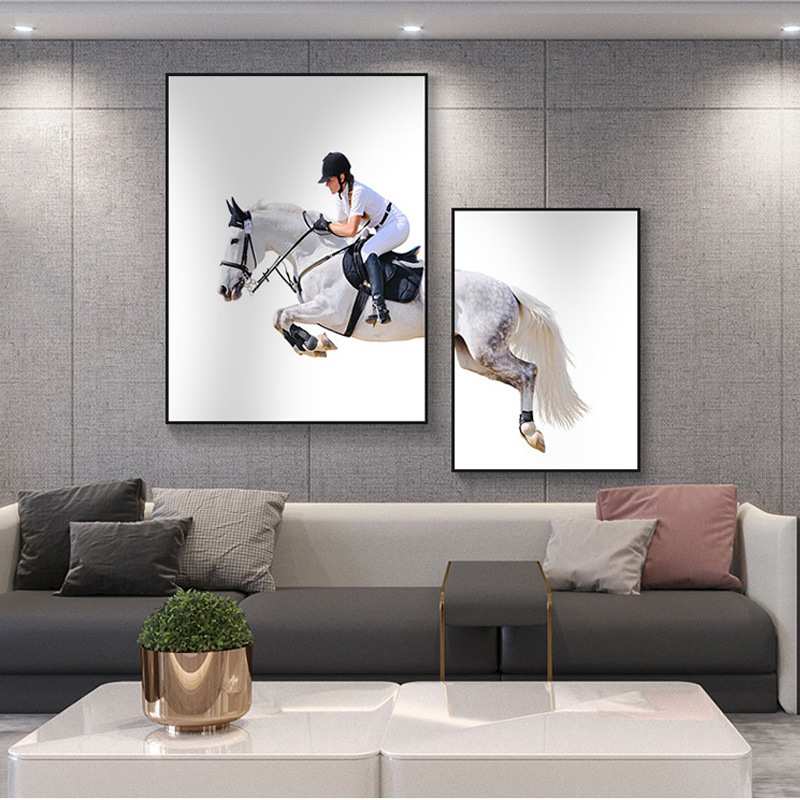 北欧现代简约客厅装饰画沙发楼梯挂画餐厅酒店双联马术壁画免打孔
