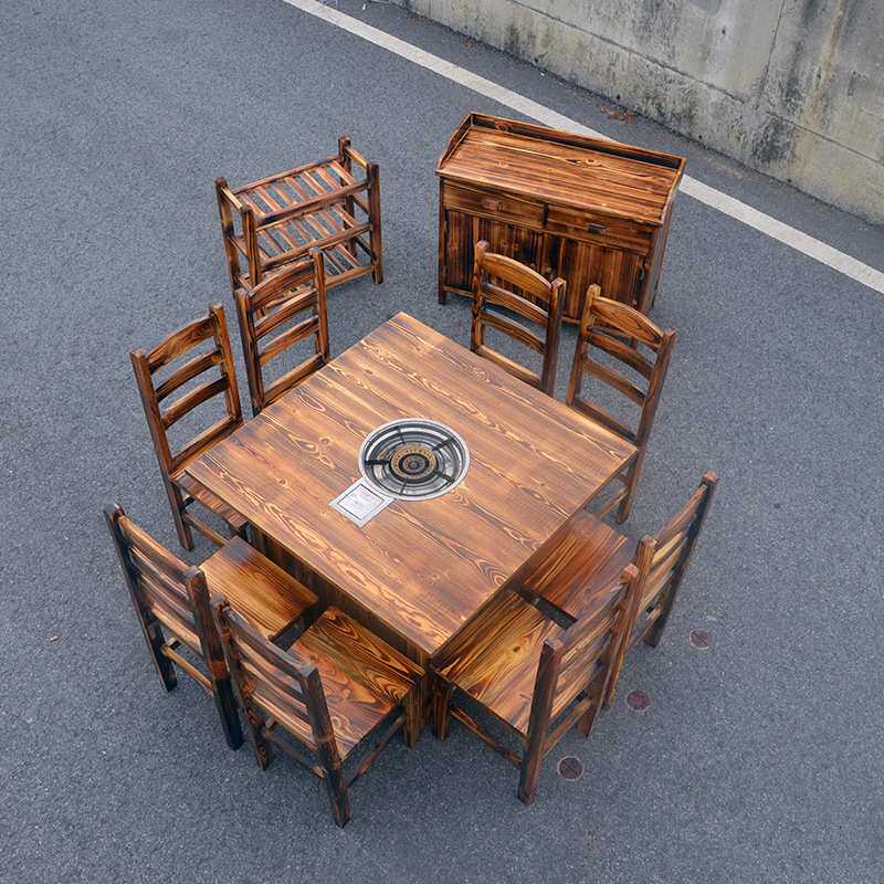 农庄饭店柴火鸡铁锅炖灶台川湘菜石锅鱼自助火锅实木大圆桌椅组合