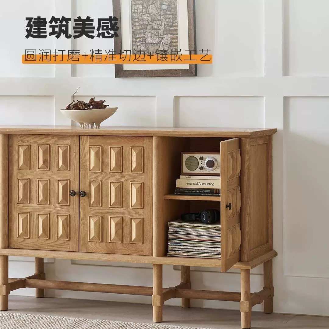 法式中古实木雕刻餐边柜美式储物玄关柜原木色复古做旧储藏电视柜