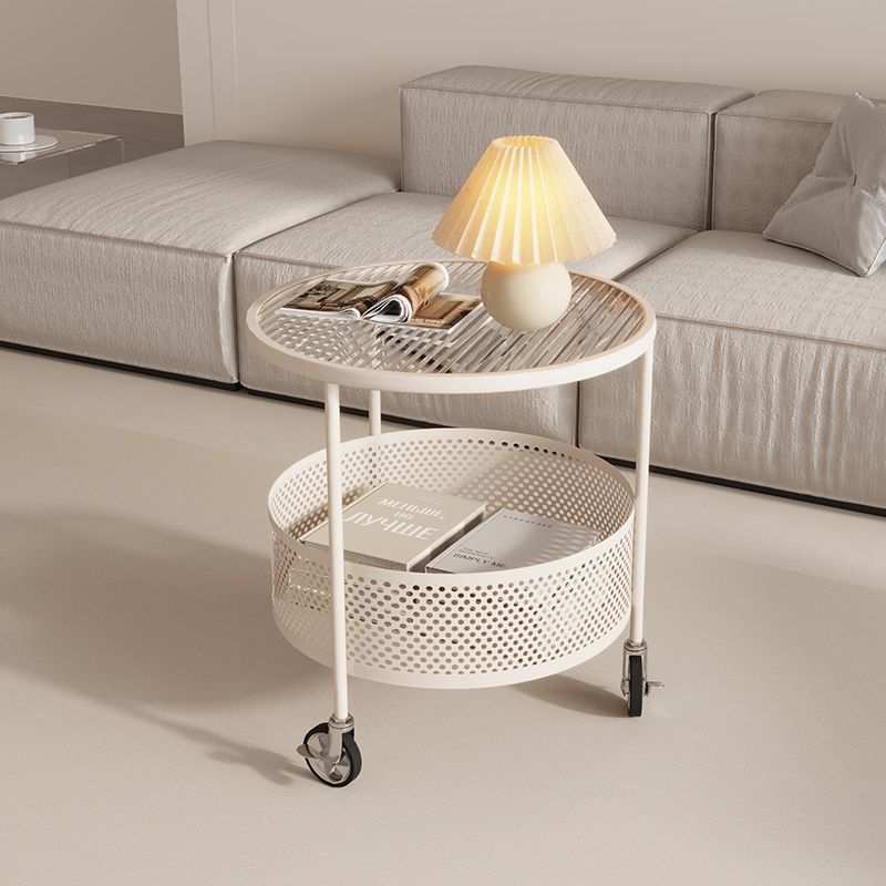 奶油风移动小茶几推车小户型客厅家用沙发边几玻璃圆形卧室床头柜