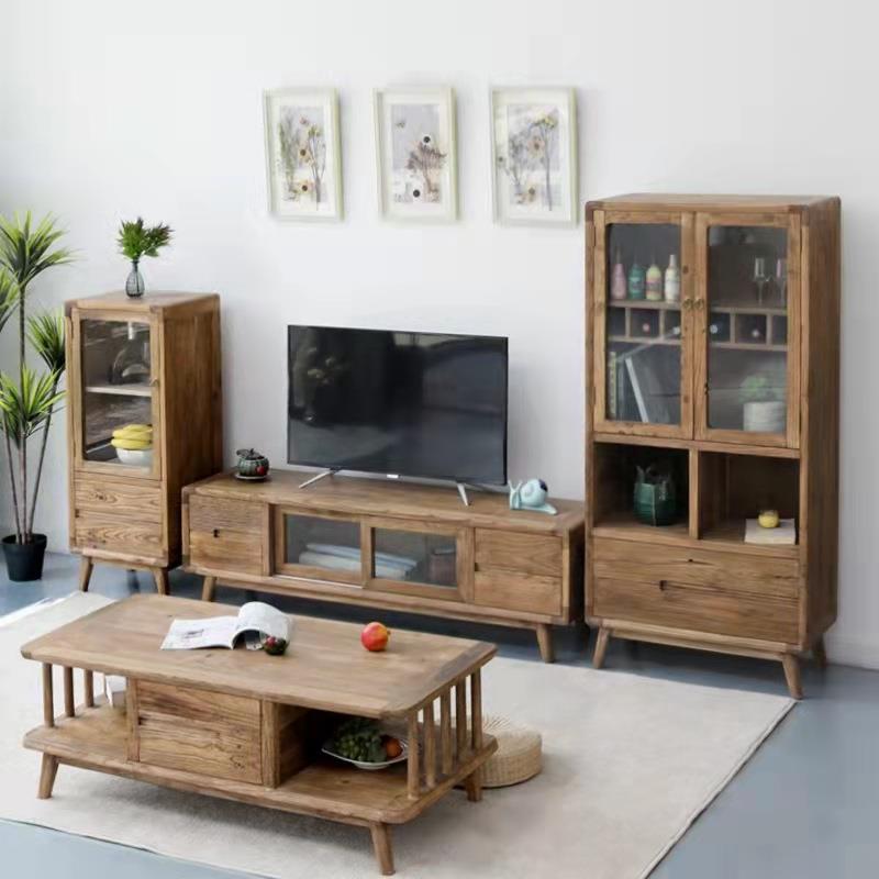 北欧老榆木茶几电视柜组合简约双层带抽屉收纳榆木矮茶台桌