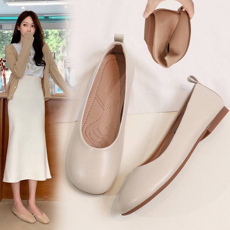 真皮豆豆单鞋女夏季平底透气舒适奶奶浅口夏款护士夏天软底小皮鞋