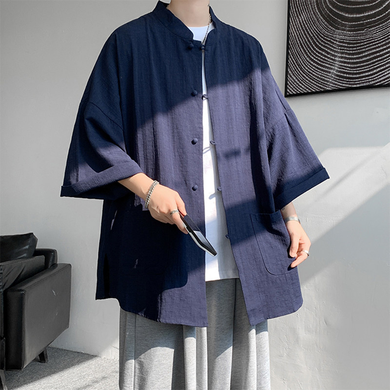 唐装亚麻短袖衬衫男款夏季新中式国风茶服大码衬衣佛系禅意居士服