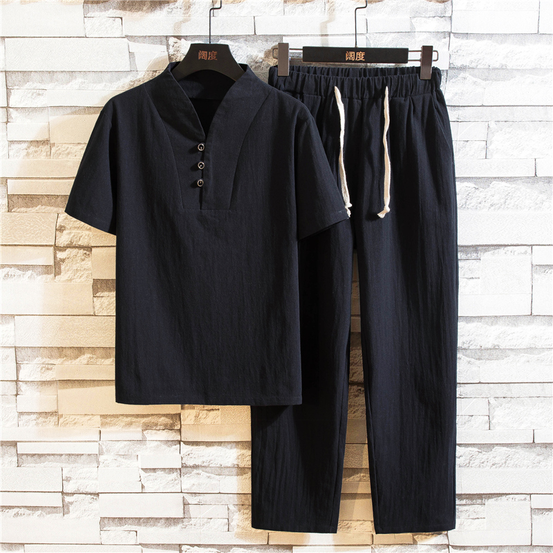 中国风夏季棉麻套装男短袖T恤复古九分裤两件套唐装汉服居士禅服