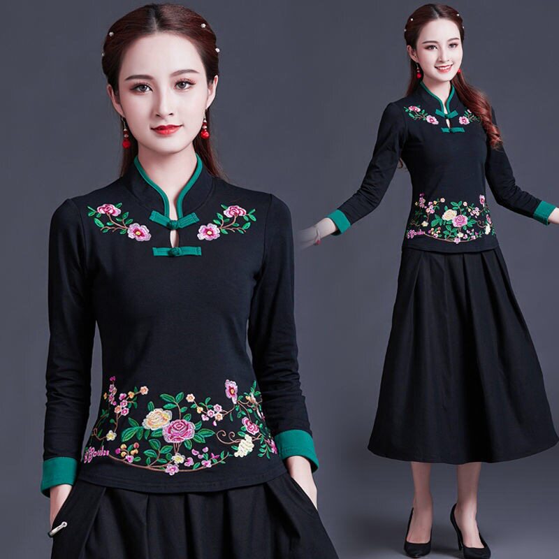 加绒广场舞服装女妈妈舞蹈服棉绣花打底衫长袖中老年跳舞衣服