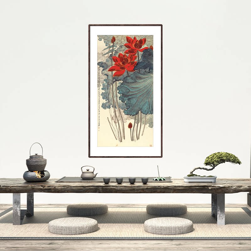 张大千金线荷花国画轴复制品画芯现代装饰画