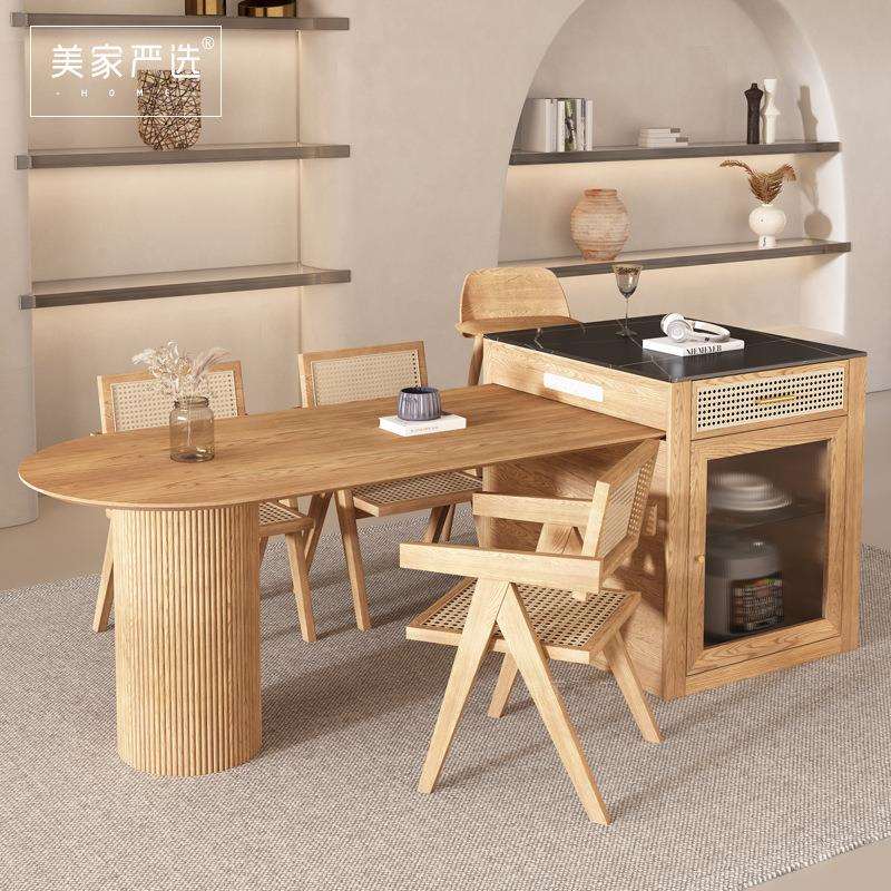 厨房实木岛台餐桌一体伸缩日式岩板半圆餐台吧台悬浮感设计师家具