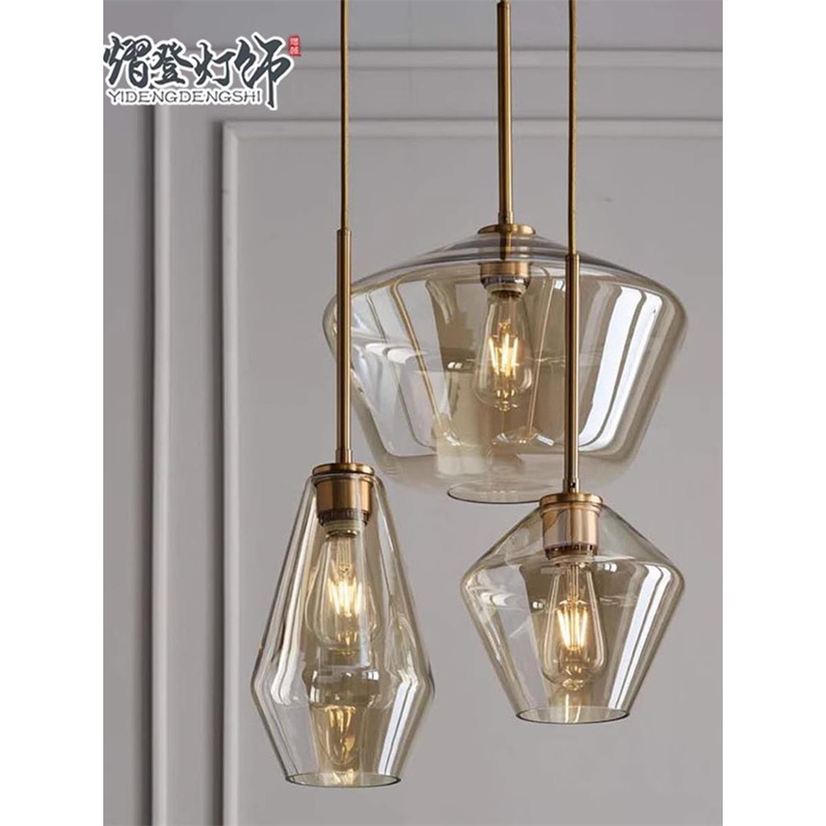 北欧现代简约客厅咖啡厅吧台单头餐厅灯轻奢三头组合玻璃灯罩吊灯