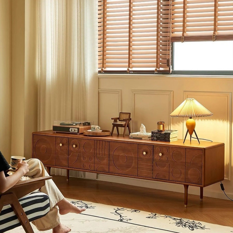 2026北欧复古实木电视柜茶几中古现代雕花小户型收纳客厅黄杨木储