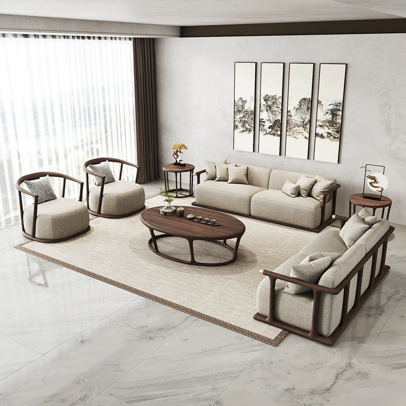 2026北美黑胡桃木实木沙发组合现代简约客厅新中式三人位高端轻奢