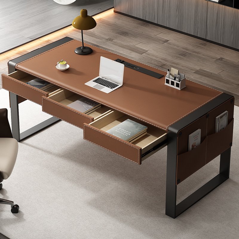 电脑桌家用卧室书房卧室现代简约轻奢学习办公桌全实木马鞍皮桌子