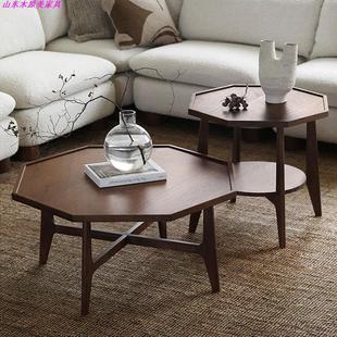 北欧简约实木黑胡桃木八边形茶几小户型客厅樱桃木多功能沙发边几