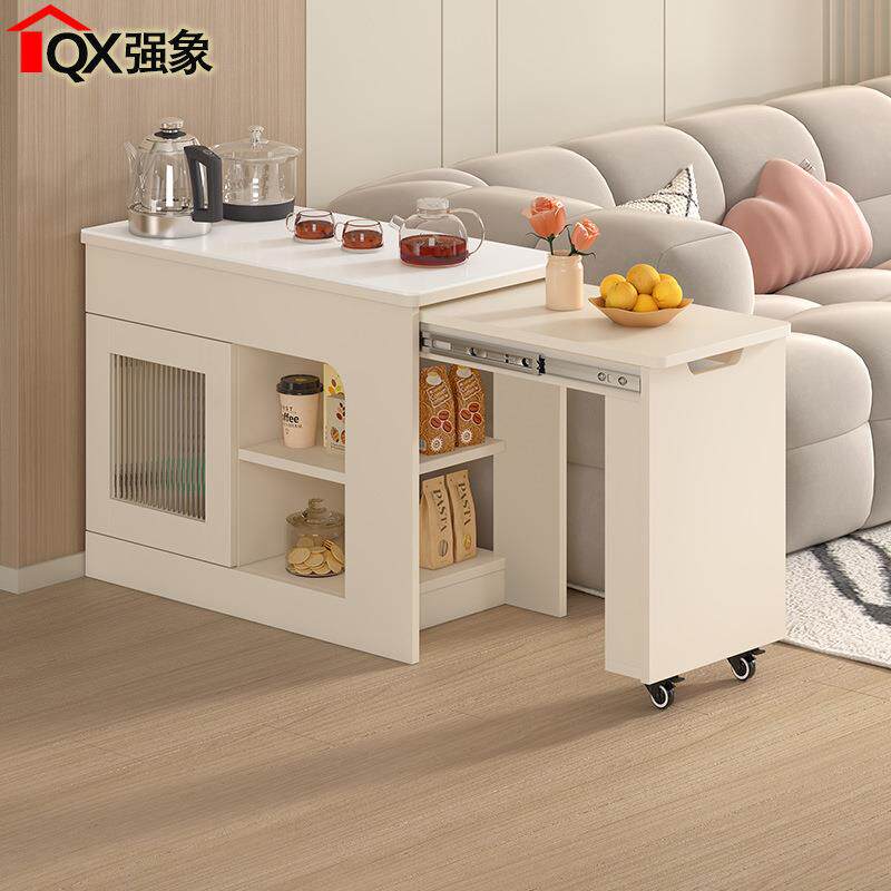 r^奶油风岩板茶桌带轮可伸缩矮柜泡茶桌沙发边柜侧边柜小茶台J45