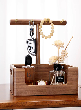 入户玄关钥匙收纳摆件实木胡桃木置物架I口罩化妆品首饰收纳盒桌