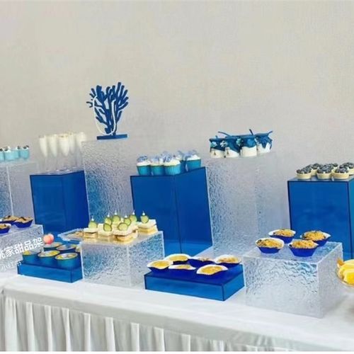 蓝色商务茶歇冷盘甜品台展示架摆B台摆件亚克力甜品台展示架开业