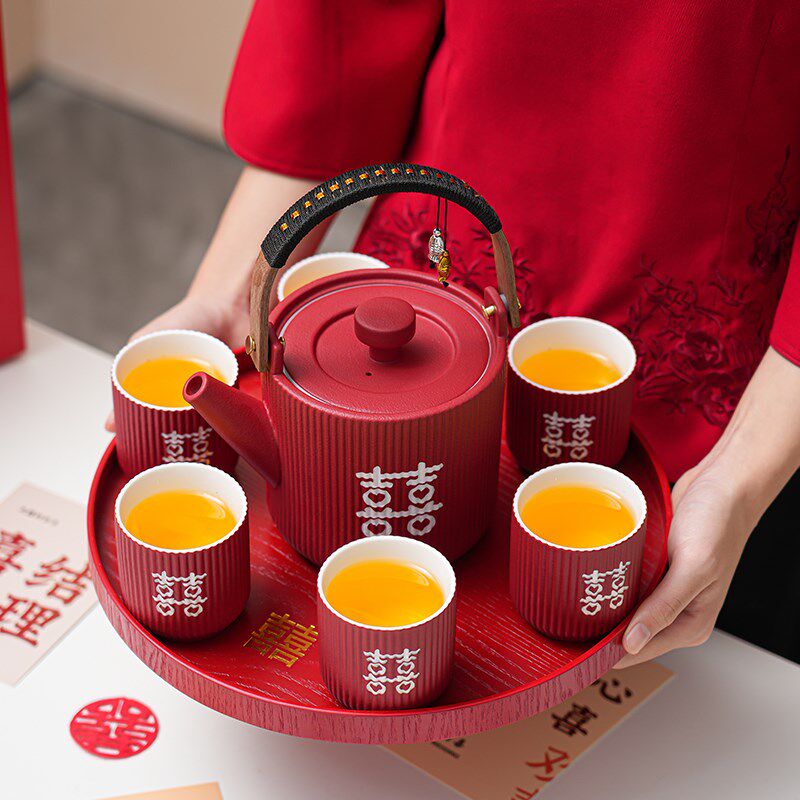 结婚敬茶杯子红色茶具套装新婚礼物E送闺蜜新人茶壶喜杯订婚礼用
