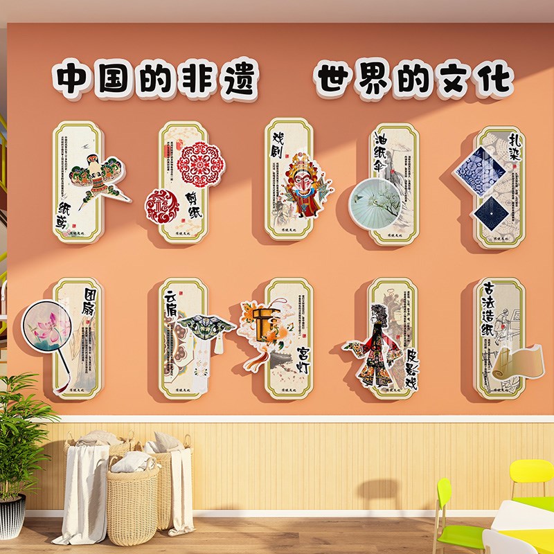 幼儿园环创非遗传统文化主题墙A面装饰材料布置成品大厅楼梯背景