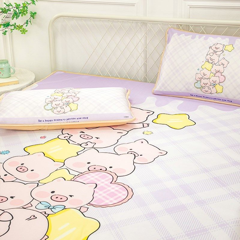 可爱小猪猪卡通凉席三件套单人冰丝席可机洗双人S席子凉感床垫枕,床上用品,冰丝席,淘宝优惠券,粉丝福利购,淘宝优惠卷