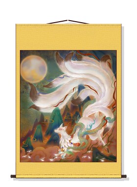 青丘九尾狐画像白色狐狸卷轴挂画胡家东北出马客S厅堂口供奉装饰