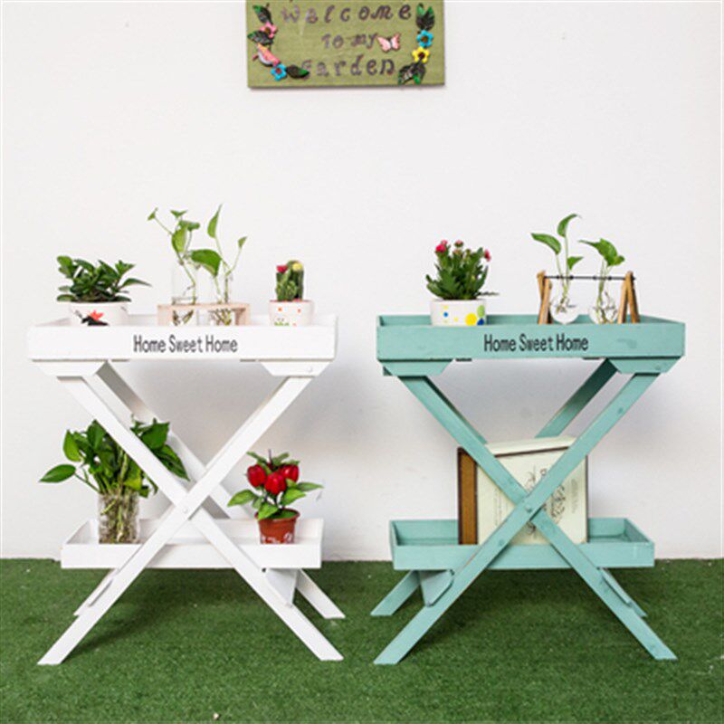 美式田园实木桌台收纳花架 阳台地面G复古置物架 清新多肉植物花