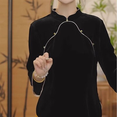 速发新中式d国风金丝绒桑蚕丝上衣女秋季新款黑色打底小衫高端真
