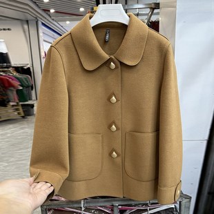 年轻妈妈翻领短款毛呢外套春秋装新款高贵洋气呢绒大衣中老年上衣