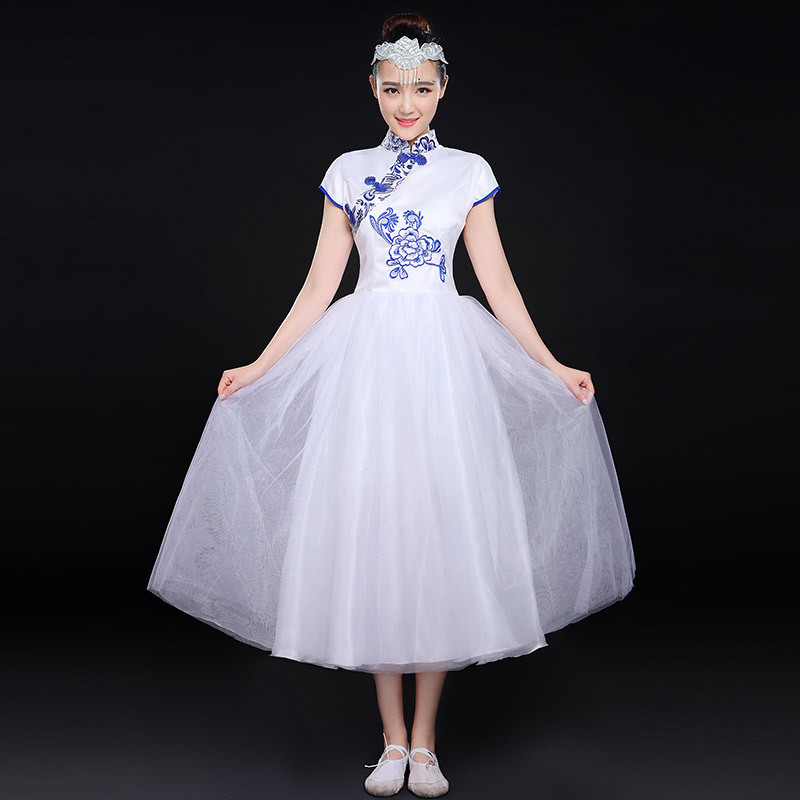 青花瓷大合唱演出服女纱裙学生合唱服装成人连衣裙二胡古筝表演服