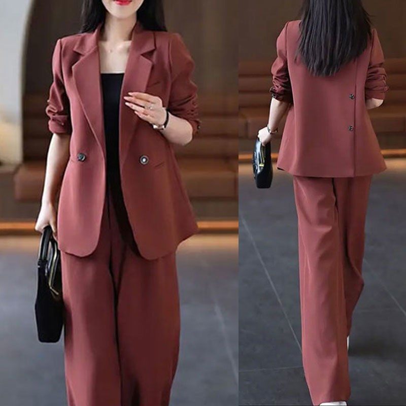 时尚休闲女士西服套装女2024秋季新款小众西装外套+阔腿裤两件套