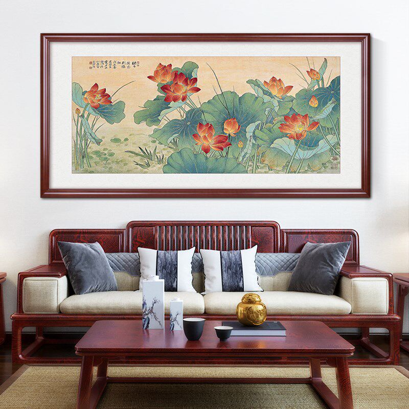 国画张大千荷花图新中式客厅装饰画沙发后面背景墙挂画横版大气
