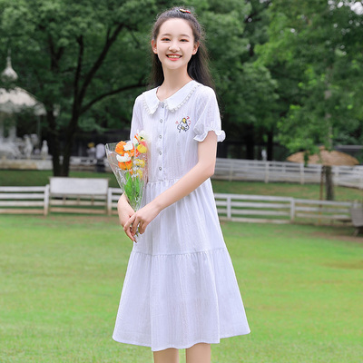 初中生娃娃领连衣裙2021夏季新品小清新纯棉绣花高中生少女装裙子