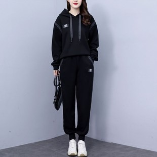 大码卫衣女秋冬套装加绒加厚2024新款胖mm女装牛仔拼接时尚两件套