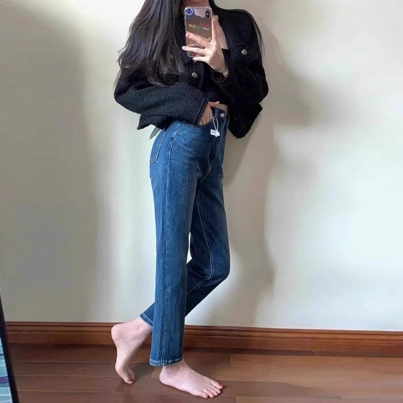 复古蓝牛仔裤女显瘦窄版直筒2025新款高腰春夏薄款小个子烟管裤