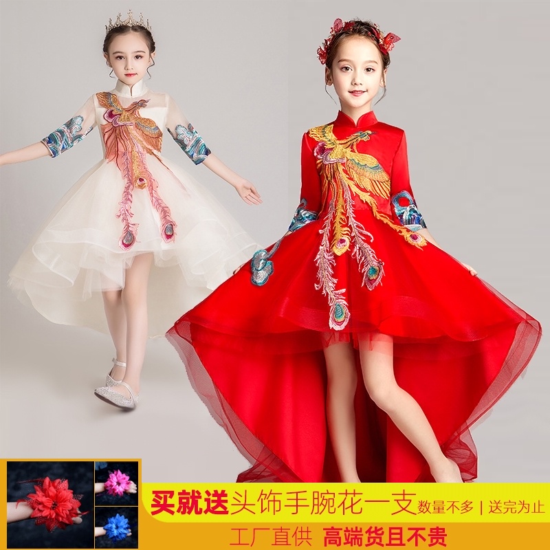 女童中国风拖尾晚礼服高端钢琴古筝演出服儿童走秀主持人凤凰旗袍