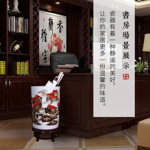 陶瓷手绘鸿运当头落地大花瓶箭筒景德镇书画缸中式 客厅书房字画桶
