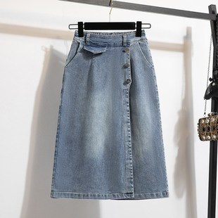 大码复古牛仔七分裤裙女夏季胖MM遮胯显瘦小个子高腰A字半身裙裤
