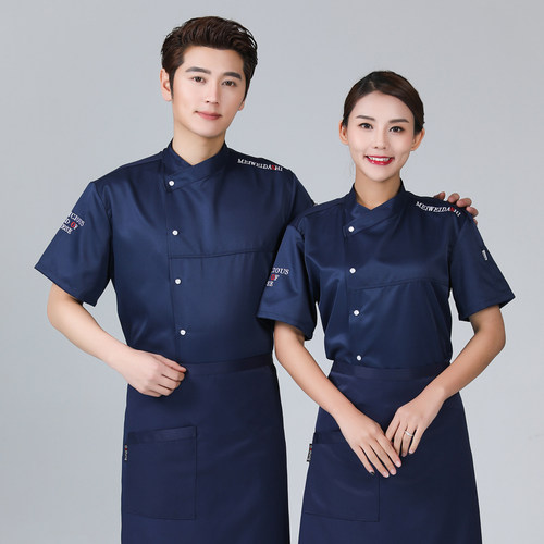 厨师服短袖黑色夏季透气薄款棉餐饮饭店西餐厅后厨师工作服男定制