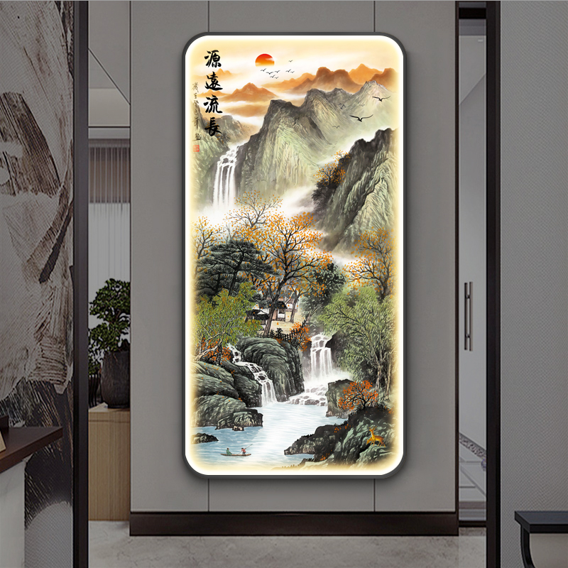 进门玄关装饰画led灯画竖版中式入户过道挂画寓意好壁画源远流长