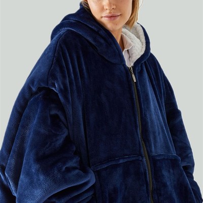 男女秋冬加厚珊瑚法兰绒拉链连帽睡袍懒人电视毯浴袍胖MM大码睡衣