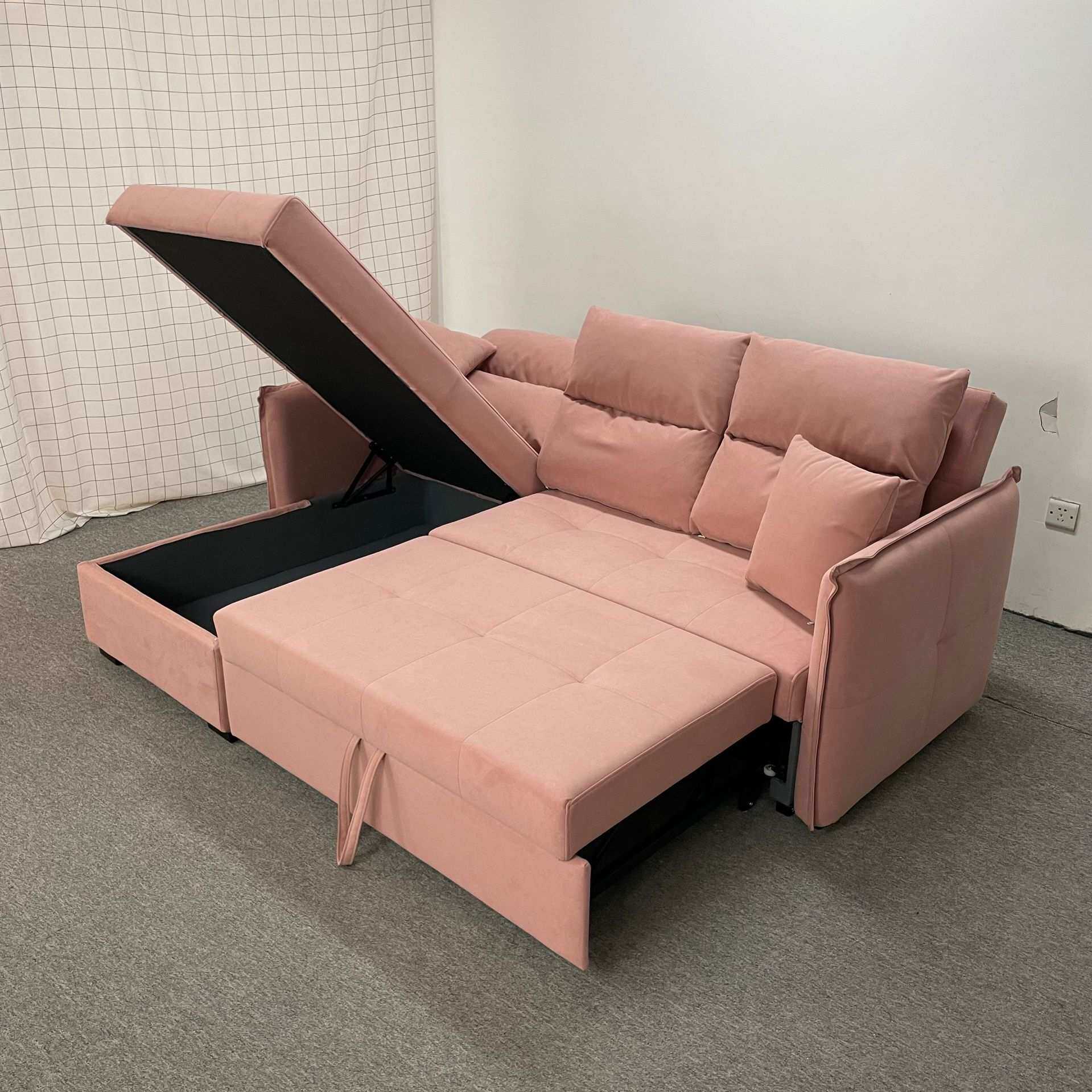 布艺款科技绒粉色可拆洗设计  组合款多功能折叠可储物沙发床两用