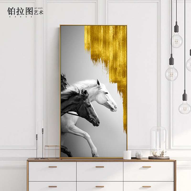 现代玄关装饰画竖版过道走廊壁画白马餐厅大尺寸北欧客厅背景挂画图片
