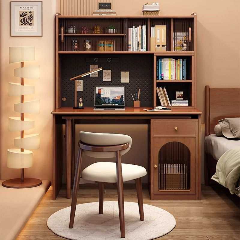实木转角书桌书架一体卧室拐角书柜洞洞板型旋转折叠学习电脑桌