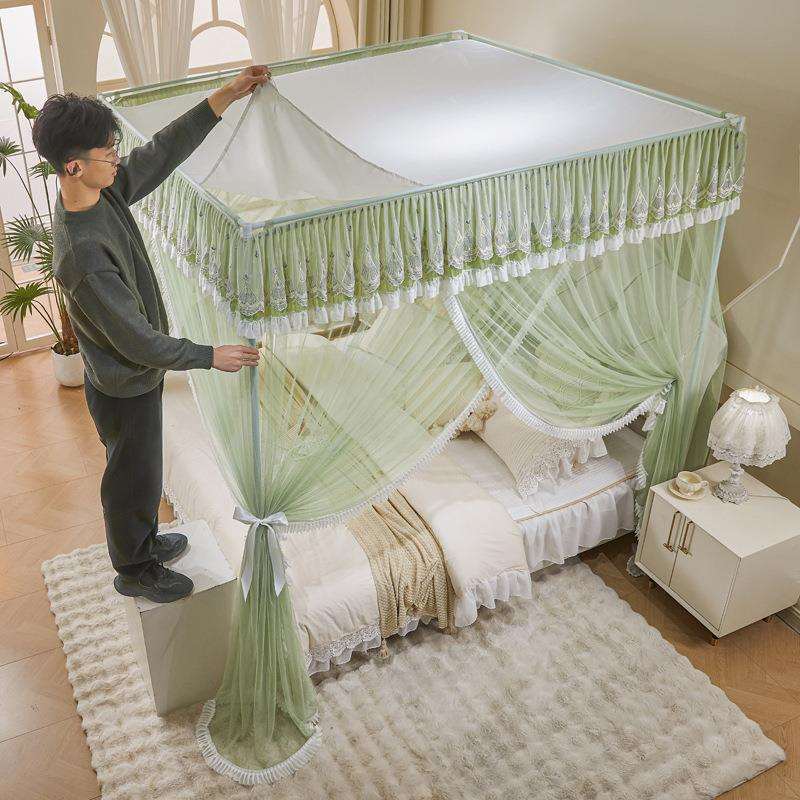 新款花边双层落地式三开门加密防蚊蚊帐加厚家用宫廷纱帐支架公主