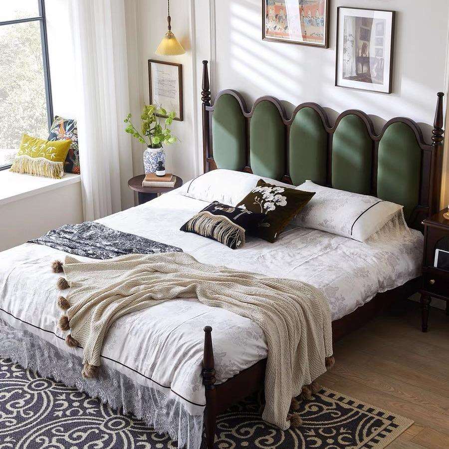 美式复古实木床黑胡桃暮色卧室双人床法式简约高端罗马柱网红床