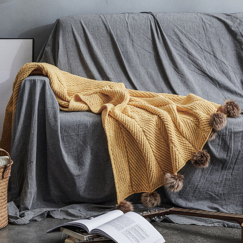 大毛球毯ins针织休闲毯沙发盖毯办F公室午睡毯可爱毛球雪尼尔毯