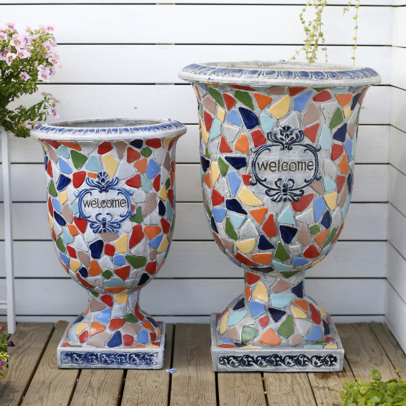 创意欧式大号艺术高脚杯花盆户外仿G陶瓷深高盆阳台花园布置摆件