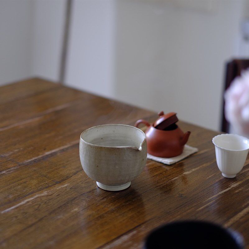 纯手工粗陶绿釉铁锈点公杯 G胖墩匀杯 手作公道杯